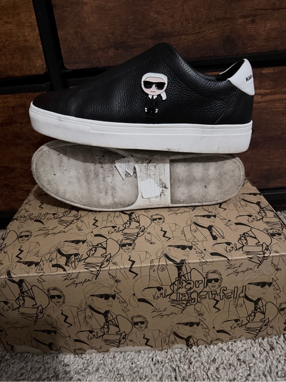 Karl Lagerfeld Black Leather Slip-On Sneakers with White Sole and Heel Tab